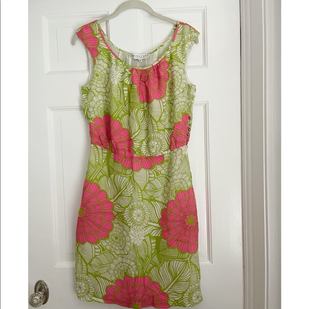 Trina Turk Silk Green And Pink Floral Dress